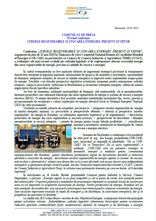 COMUNICAT DE PRESĂ Privind conferința SURSELE REGENERABILE ȘI STOCAREA ENERGIEI: PREZENT ȘI VIITOR